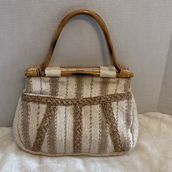 VINTAGE CROCHETED BAMBOO HANDLES HANDMADE SUMMER BAG CREAM COLORS LINED - Picture 11 of 13
